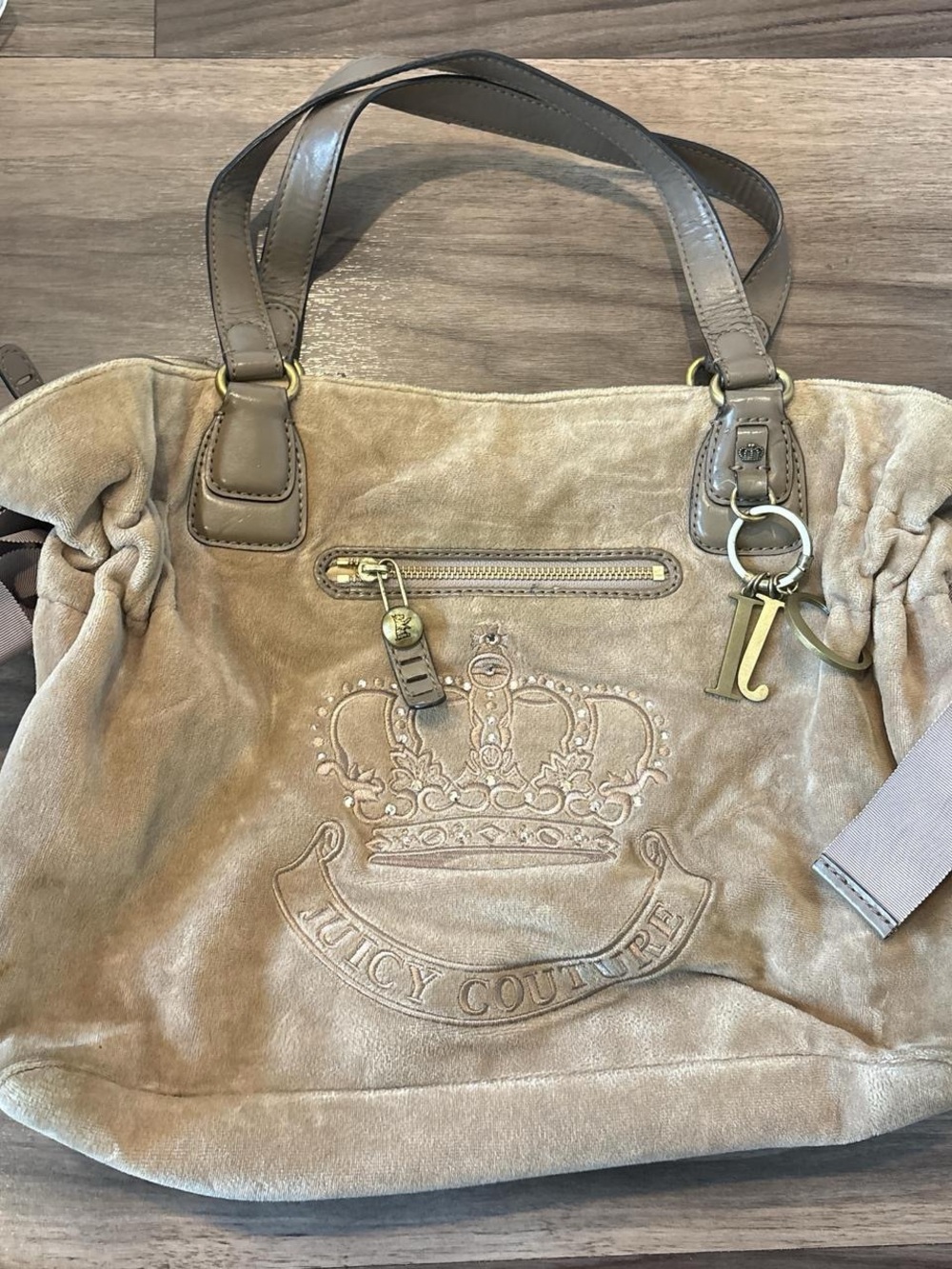 Juicy Couture Taupe Suede Tote with Crown Emboss and Gold Charm